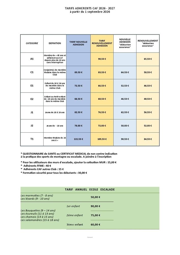 TARIFS DES ADHESIONS 2026-27 TARIFS DES ADHESIONS 2026-27